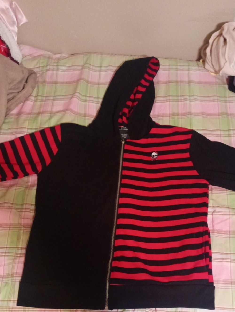 Black & Red Striped Scene Zip Hoodie with Skull